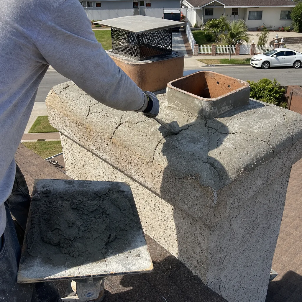 Professional technician performing chimney crown repair and masonry maintenance.